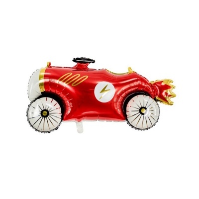 Balão metalizado em forma de carro de corrida vermelho com detalhes dourados