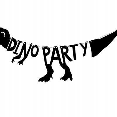 Pendente decorativo preto em forma de dinossauro com texto DINO PARTY