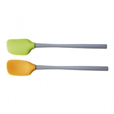 Conjunto de duas espátulas de cozinha com cabeças em silicone verde claro e laranja