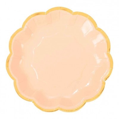 Prato descartável rosa claro com borda dourada ondulada