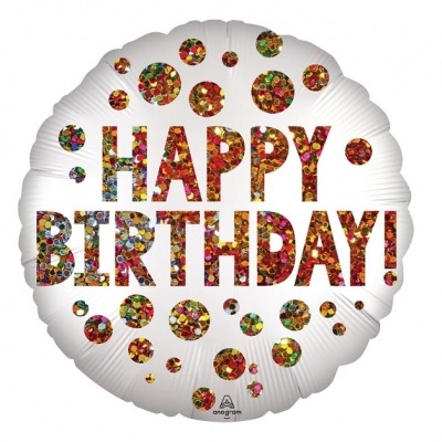 Balão redondo branco com texto HAPPY BIRTHDAY e confetes coloridos