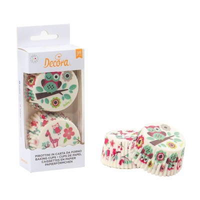 Caixa e copos de papel para forno decorados com corujas e flores coloridas