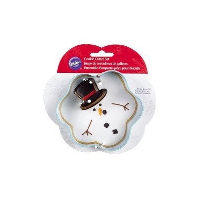 Conjunto cortadores bolachas rosto boneco neve metal prateado embalagem cartão branco vermelha