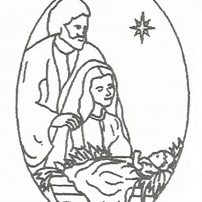 Desenho da Natividade com figuras de homem, mulher, bebé na manjedoura e estrela