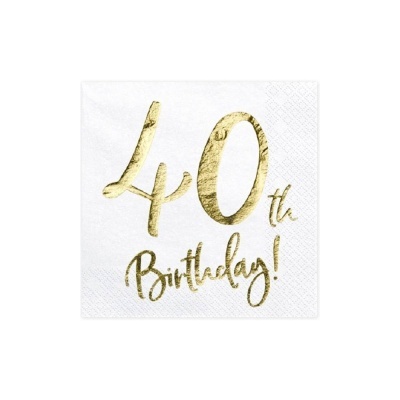 Guardanapo de papel branco com texto dourado '40th Birthday!'