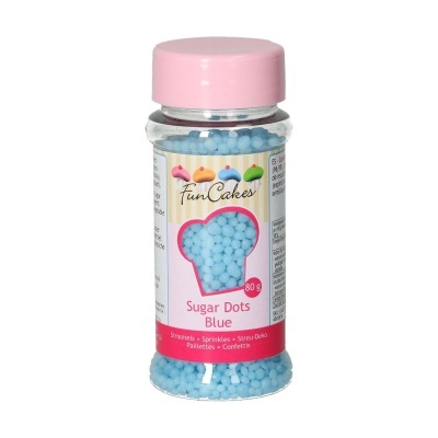Frasco transparente com confeitos azuis e tampa rosa, rótulo FunCakes Sugar Dots Blue