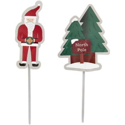 Enfeites de Natal de estaca com figura do Pai Natal e árvore com placa 'North Pole'