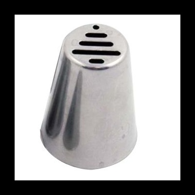 Bocal de pasteleiro metálico prateado com cortes horizontais e ovais