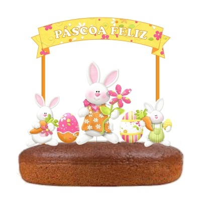 Bolo decorado com coelhos, ovos coloridos e faixa amarela com texto PÁSCOA FELIZ