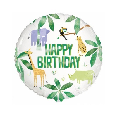 Balão redondo branco com folhas verdes e animais desenhados, texto Happy Birthday verde
