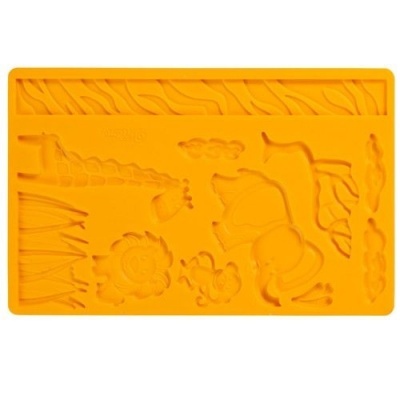 Forma silicone amarela com moldes de dinossauros e texturas