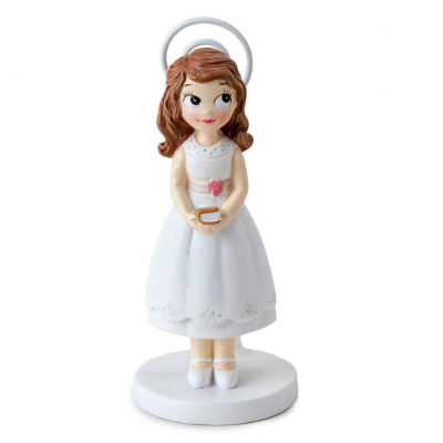Figurinha decorativa de menina em vestido branco segurando um livro