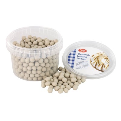 Conjunto de bolas de cerâmica para cozedura num recipiente transparente com tampa e etiqueta com texto e imagem de sobremesa