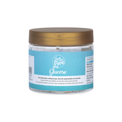 Frasco transparente de glucose com tampa dourada e rótulo azul