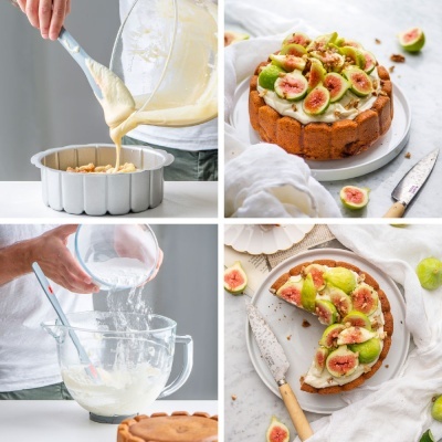 Processo de preparação e bolo decorado com figos frescos e creme branco em pratos e forma de silicone cinzenta.