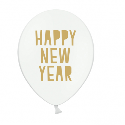 Balão branco com texto dourado 'HAPPY NEW YEAR'