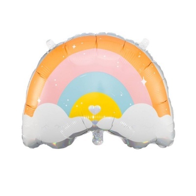 Balão metalizado em forma de arco-íris com coração e nuvens