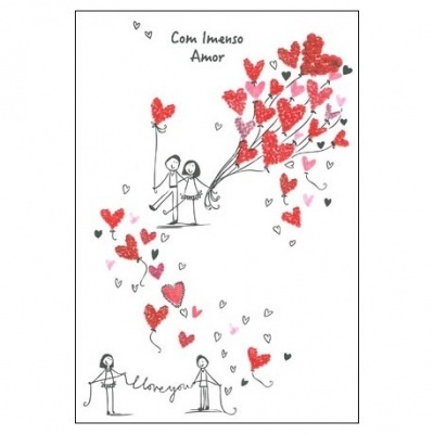 Cartão ilustrado com corações vermelhos, figuras humanas e texto 'Com Imenso Amor'