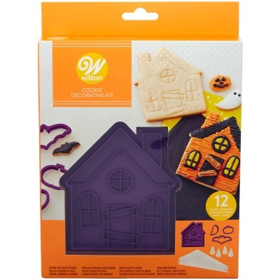 Conjunto de decoração de bolachas Wilton com cortadores de casa e morcego em plástico roxo