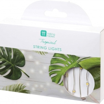 Embalagem branca com folhas tropicais e luzes de corda LED