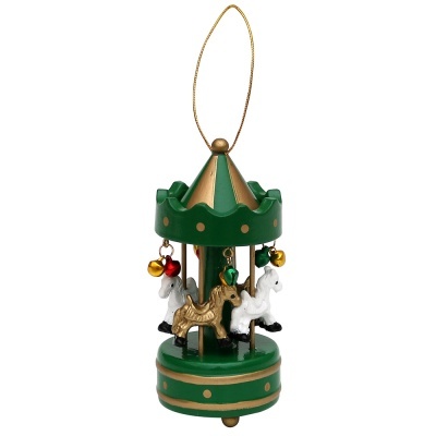 Enfeite de Natal carrossel verde com cavalos e sinos