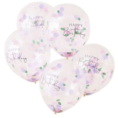 Cinco balões transparentes com flores lilases e texto 'HAPPY Birthday'