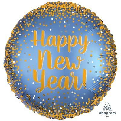 Balão redondo azul com pontos dourados e texto Happy New Year
