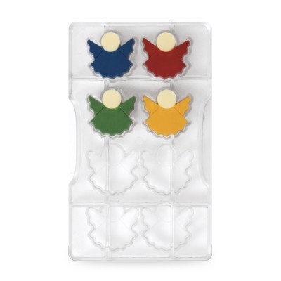 Forma para moldar anjos coloridos com cabeças amarelas em embalagem transparente