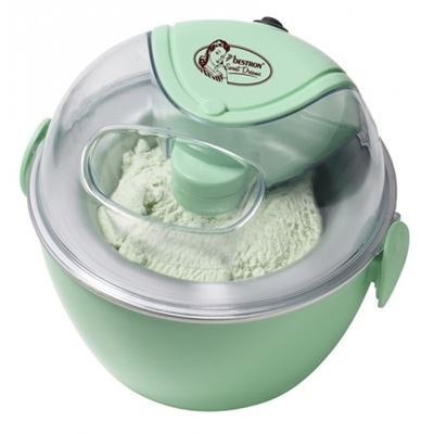 Máquina de fazer gelados verde claro com tampa transparente e gelado no interior