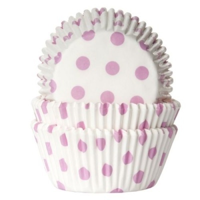 Forminhas de papel para cupcakes brancas com bolas cor-de-rosa empilhadas