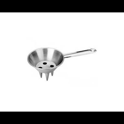 Funil de metal prateado com orifícios e pés