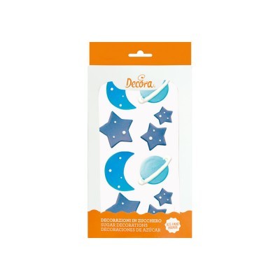 Decoração de açúcar em formas de lua, estrelas e planeta azul na embalagem Decora