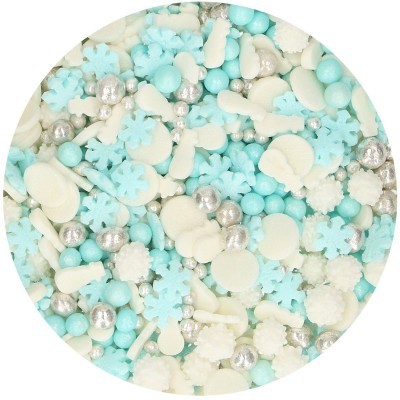 Confeitos coloridos para decoração de bolos em azul claro, branco e prateado, formas variadas.