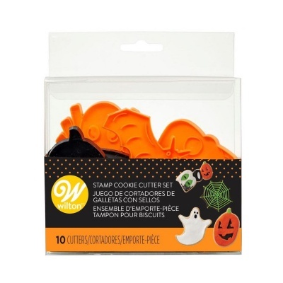 Conjunto de cortadores de bolachas Halloween Wilton em plástico laranja e preto em caixa transparente
