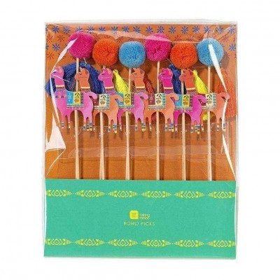 Conjunto de palitos decorativos para aperitivo com figuras de lhamas e pompons coloridos