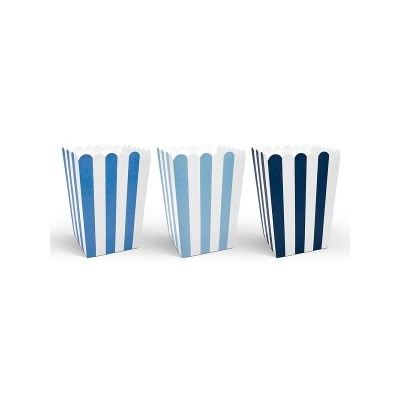 Três caixas para pipocas com riscas azuis e brancas