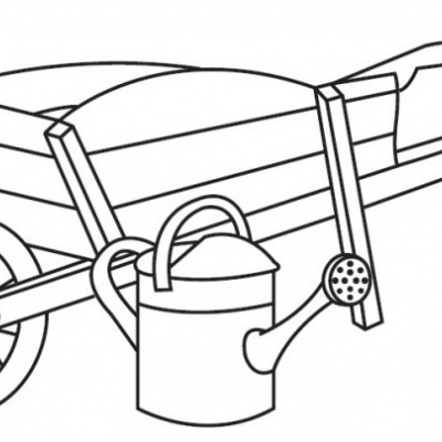 Desenho preto e branco de carriola de madeira com regador metálico