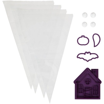Conjunto para decoração com sacos de confeitar transparentes, olhos de bolha brancos e cortadores roxos variados.