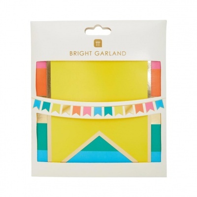 Guirlanda colorida de papel com embalagem branca e texto BRIGHT GARLAND