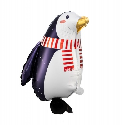 Balão metálico em forma de pinguim com cachecol vermelho e branco