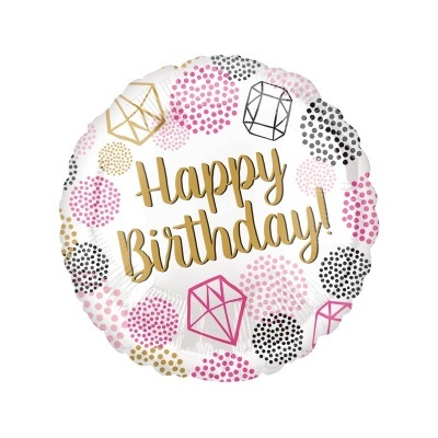 Balão metálico redondo branco com padrão colorido e texto Happy Birthday!