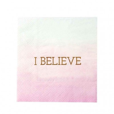Guardanapo de papel branco e rosa com texto dourado 'I BELIEVE'