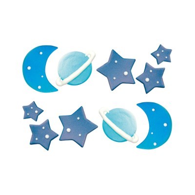 Autocolantes decorativos de lua, estrelas e planetas com cores azuis e detalhes brancos