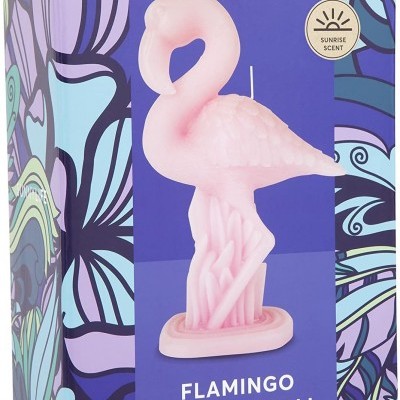 Vela pequena em formato de flamingo rosa com caixa decorativa azul e roxa