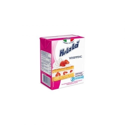 Embalagem branca e rosa do produto HulaLa Whipping com imagem de bolo e texto informativo
