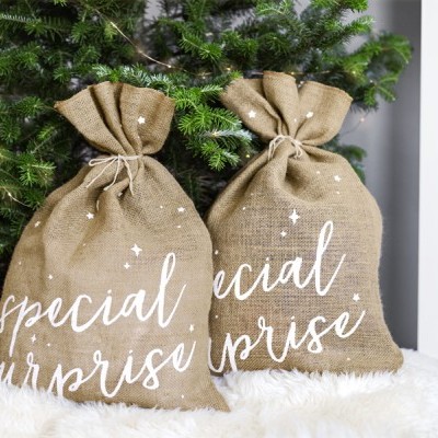 Duas sacas de juta castanha com texto branco 'special surprise' junto a ramo de árvore