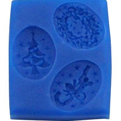 Forma de silicone azul com três desenhos de Natal em relevo
