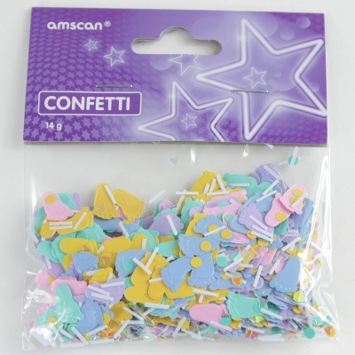 Pacote de confetti colorido em forma de coelhinhos com etiqueta roxa