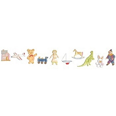 Nove brinquedos variados alinhados, incluindo casinha, avião, ursinho, comboio, boneca, barco, cavalinho de baloiço, dinossauro, coelho e palhaço.