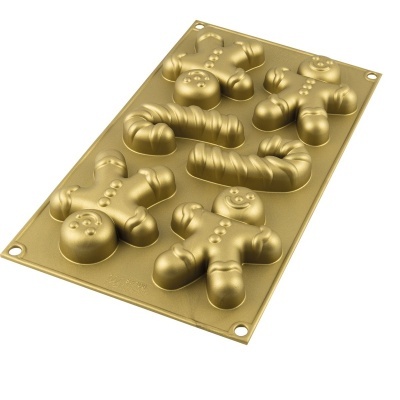 Forma de silicone dourada com moldes para bolachas de bonecos de gengibre e canas de açúcar